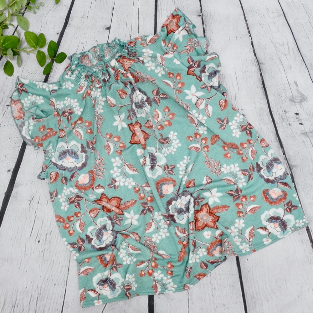 Melloday Women's Top High Neck Teal Floral Size Large NWT